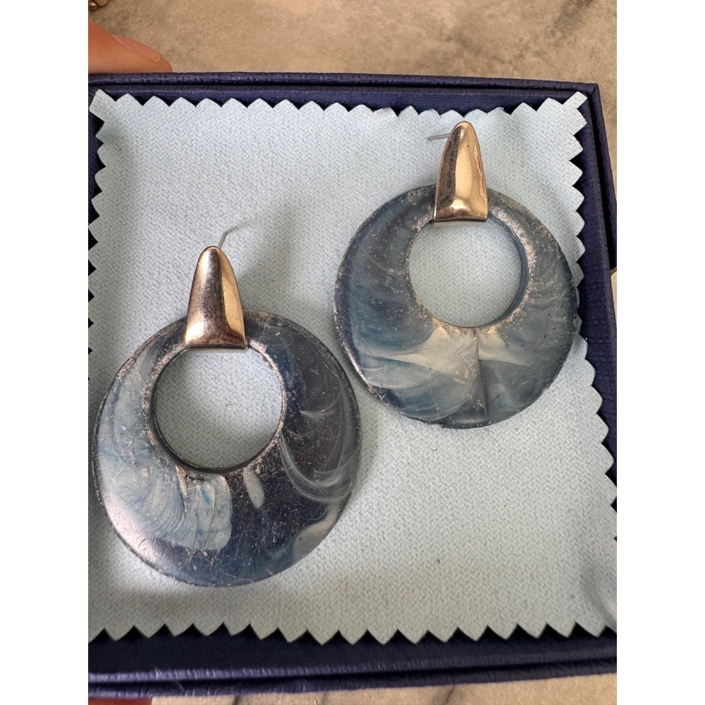Vintage Marbled Blueish Gray Hoop Drop Earrings Silver Tone Post  Jewelry